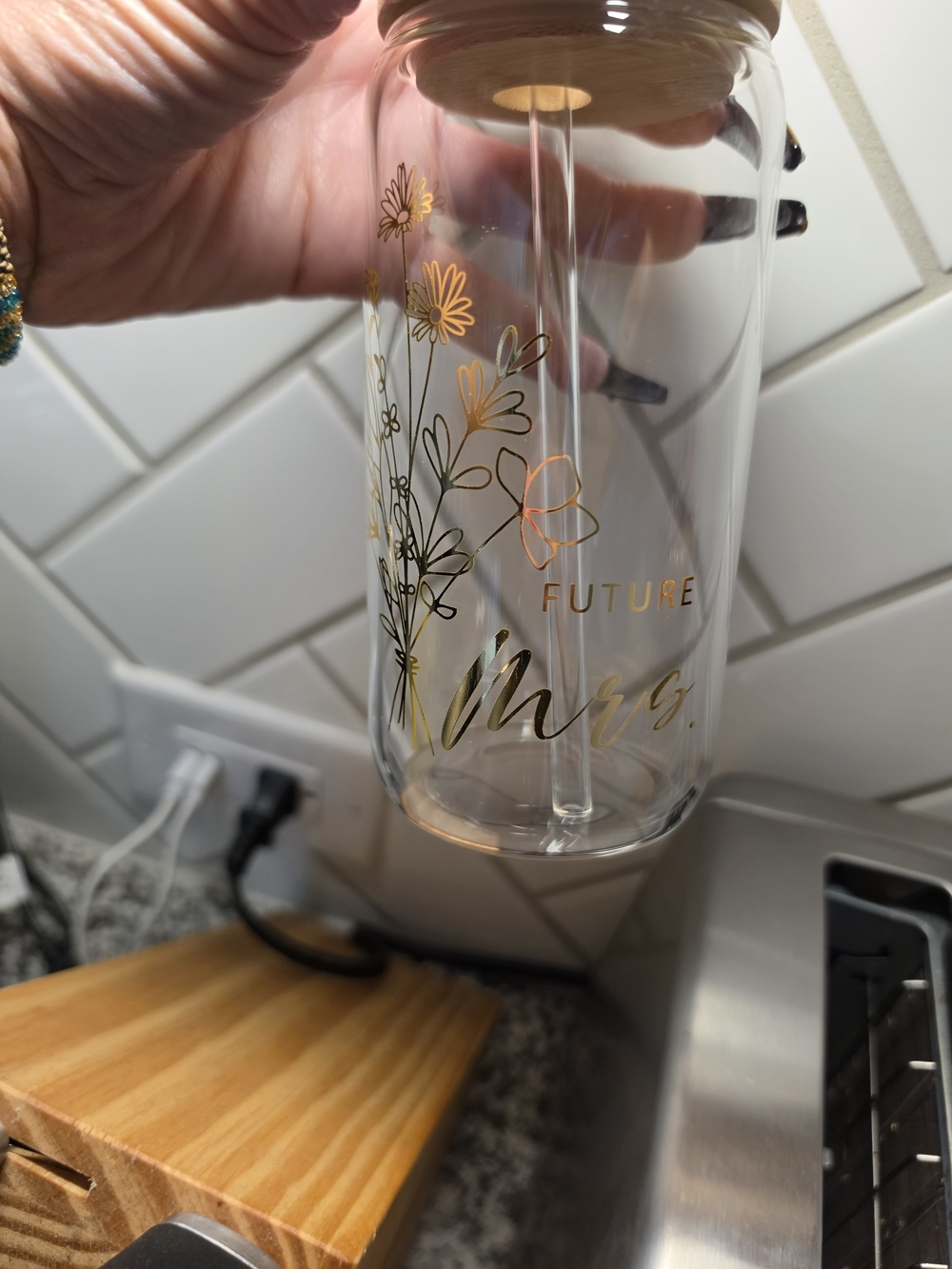 Gold Floral 'Future Mrs.' Glass Tumbler with Straw
